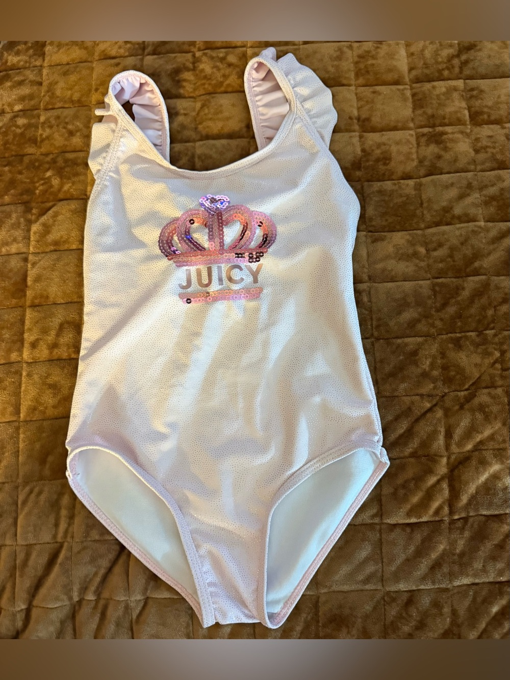 Juicy Couture Girls Pink One Piece Swimsuit Sequin Crown Ruffle Size 6